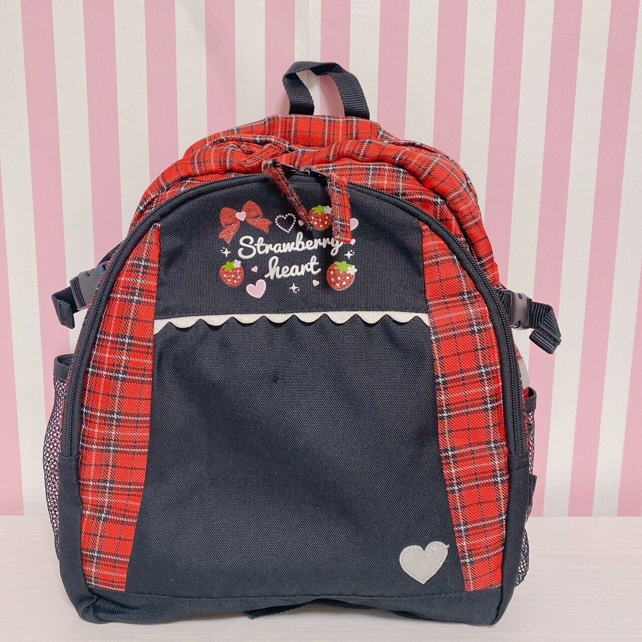 Mother Garden Rucksack Backpack School Bag Black Strawberry Plaid Heart Kawaii