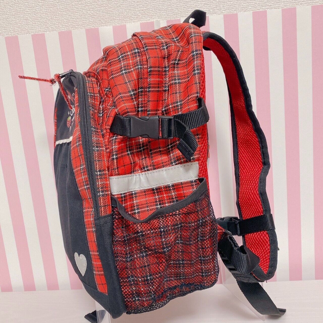 Mother Garden Rucksack Backpack School Bag Black Strawberry Plaid Heart Kawaii