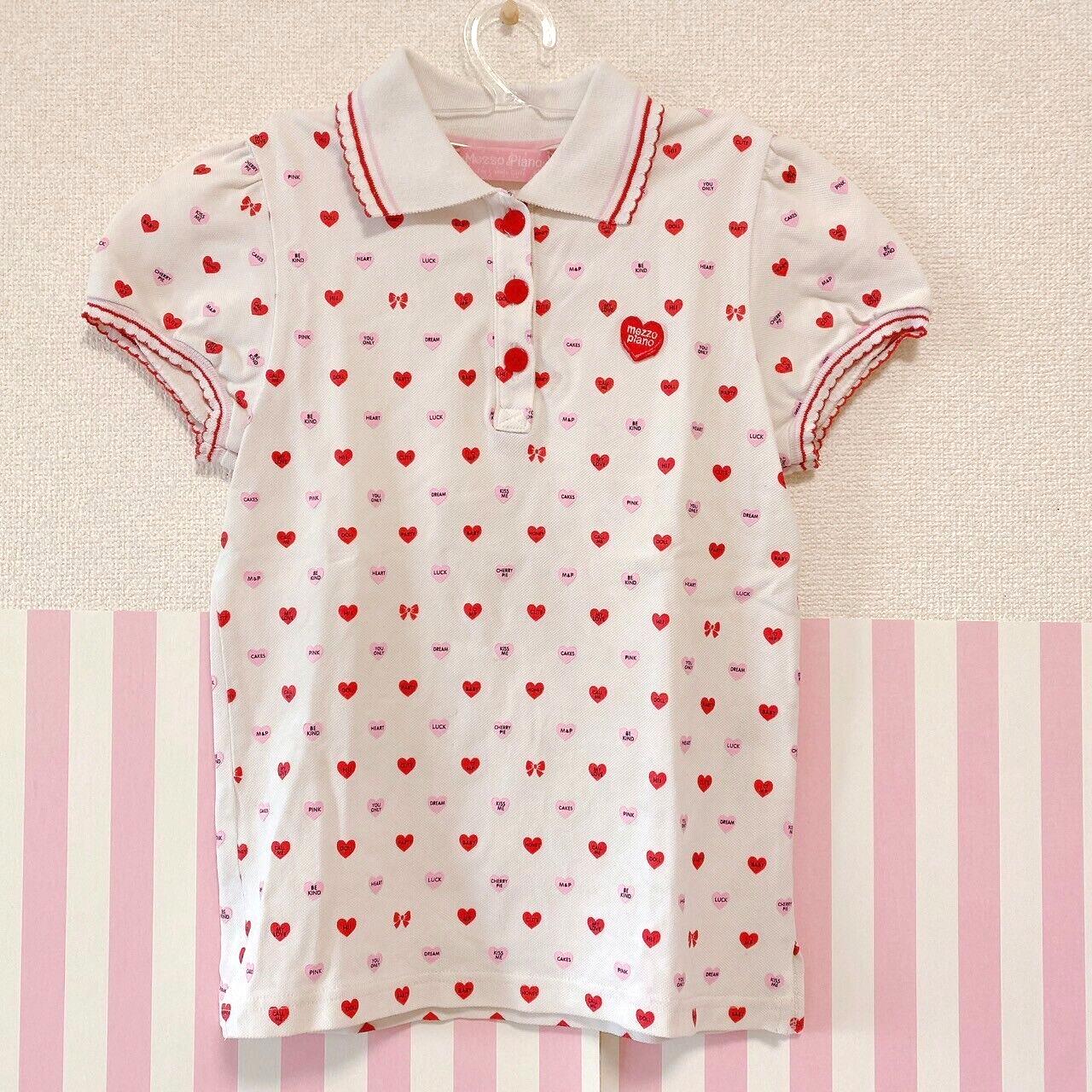 Mezzo Piano Polo Shirt 140cm Heart White Pink Red Collar Frill Tops Short Sleeve