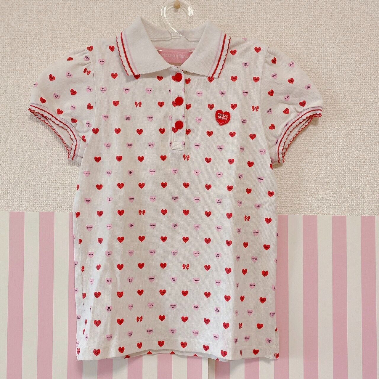 Mezzo Piano Polo Shirt 140cm Heart White Pink Red Collar Frill Tops Short Sleeve