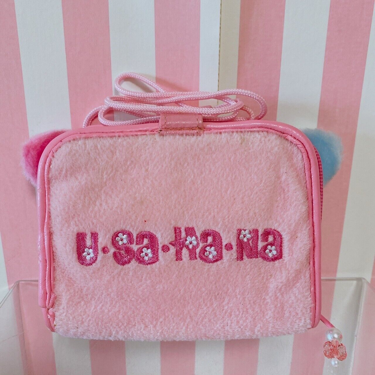 Sanrio Usahana Wallet Coin Case Purse Plush Pink Rabbit Neck Strap Fluffy Kawaii