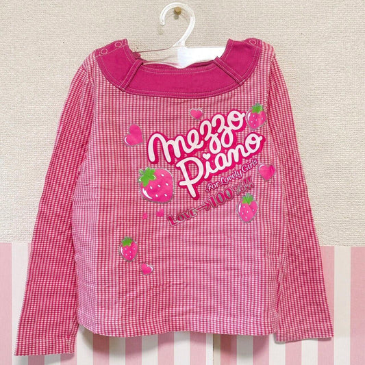 Mezzo Piano Tops 120cm Pink Plaid Strawberry Heart Button Girl Clothing Kawaii