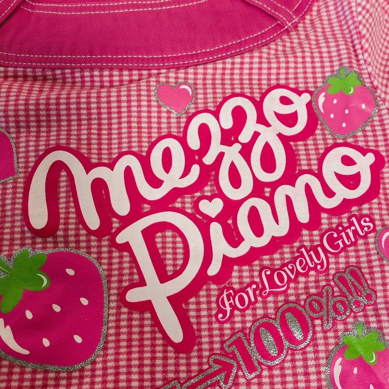 Mezzo Piano Tops 120cm Pink Plaid Strawberry Heart Button Girl Clothing Kawaii