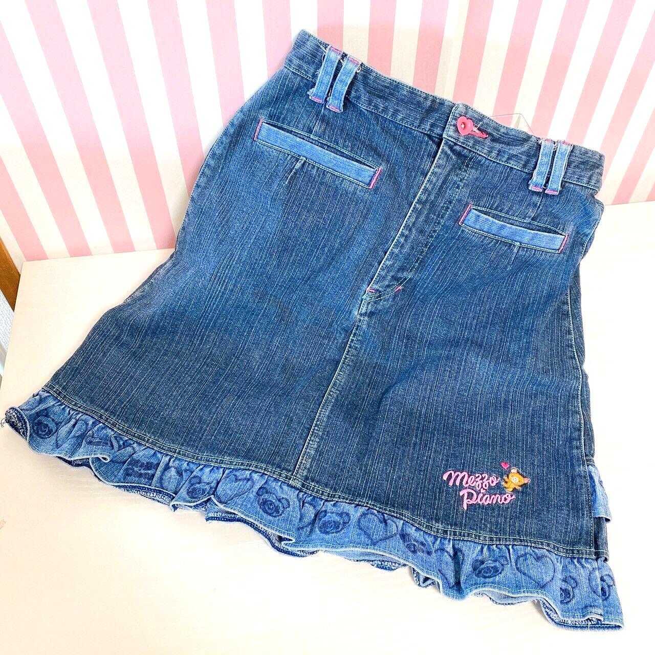 Mezzo Piano Denim Skirt L Size Blue Bear Frill Heart Cute Girl Kawaii Kids Rare