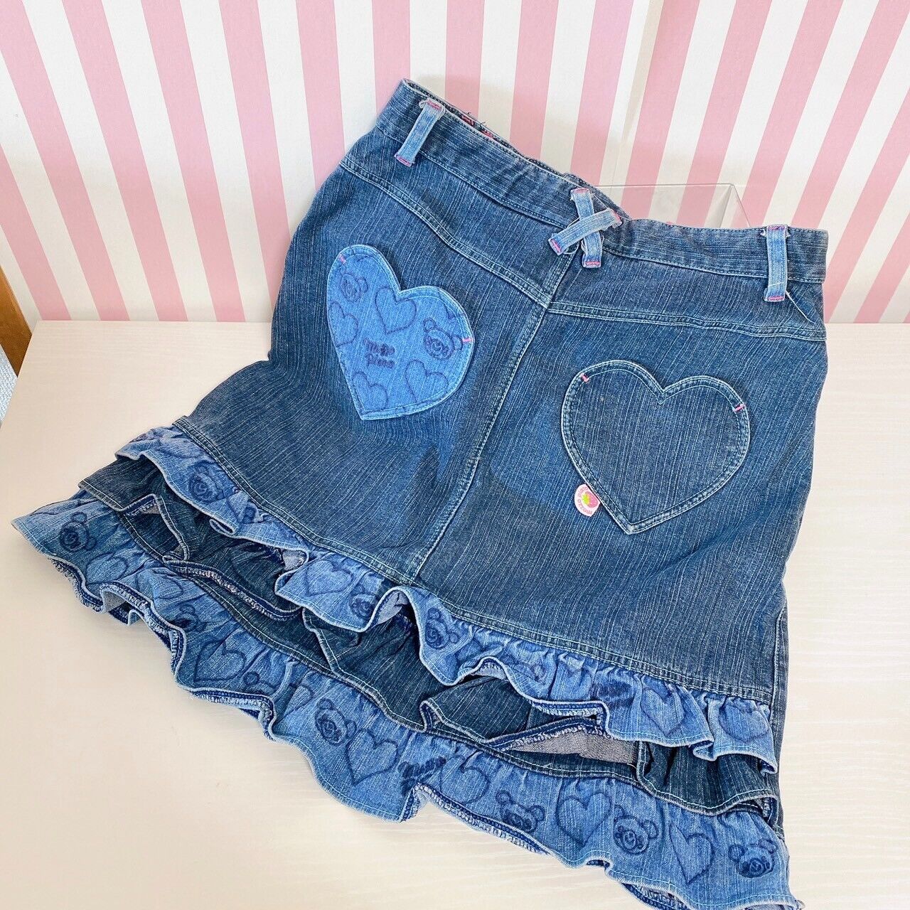 Mezzo Piano Denim Skirt L Size Blue Bear Frill Heart Cute Girl Kawaii Kids Rare