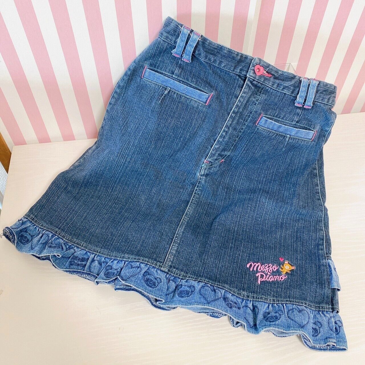 Mezzo Piano Denim Skirt L Size Blue Bear Frill Heart Cute Girl Kawaii Kids Rare