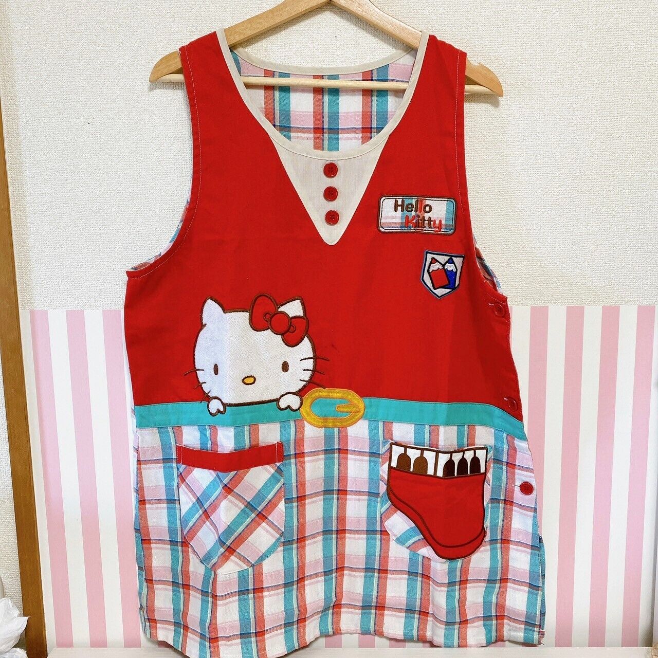 Sanrio Hello Kitty Apron Red Plaid M L Piano Nursery Teacher Pocket Kawaii Rare