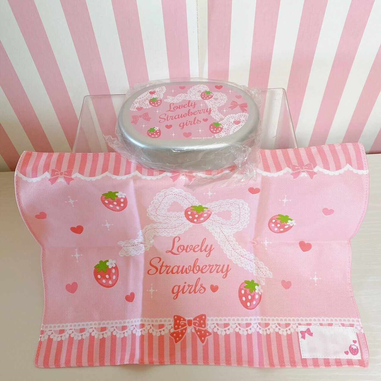 Mother Garden Aluminum Lunch Box Place Mat Set 2 Pink Ribbon Strawberry Frill