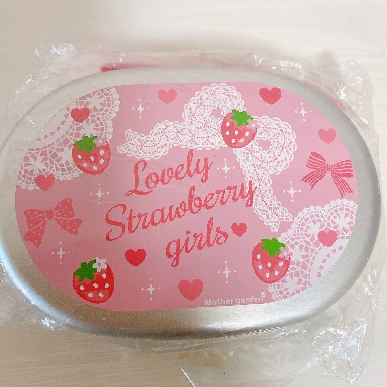 Mother Garden Aluminum Lunch Box Place Mat Set 2 Pink Ribbon Strawberry Frill