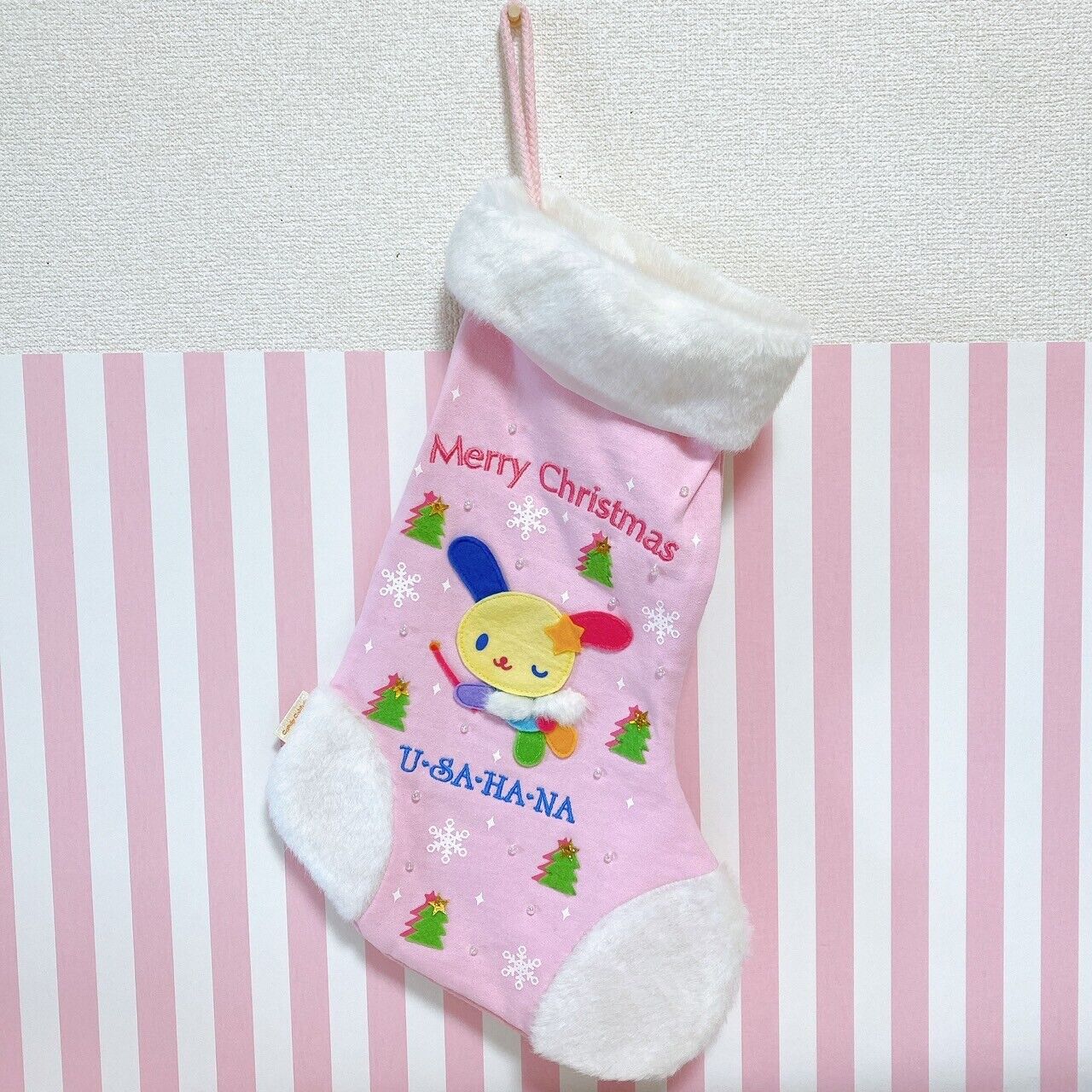 Sanrio Usahana Christmas Boots Socks Merry Xmas Pink Fluffy Rabbit Tree Snow