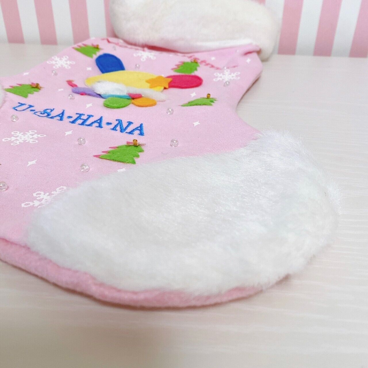 Sanrio Usahana Christmas Boots Socks Merry Xmas Pink Fluffy Rabbit Tree Snow