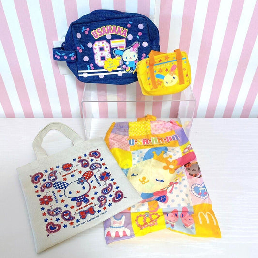 Sanrio Usahana Mini Tote Drawstring Bag Set Denim Yellow Pen Case Rabbit Rare