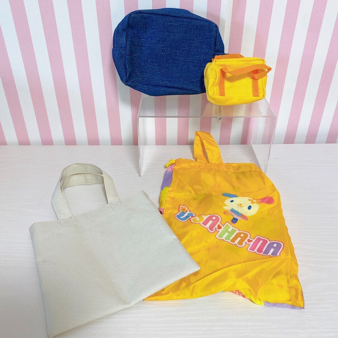 Sanrio Usahana Mini Tote Drawstring Bag Set Denim Yellow Pen Case Rabbit Rare