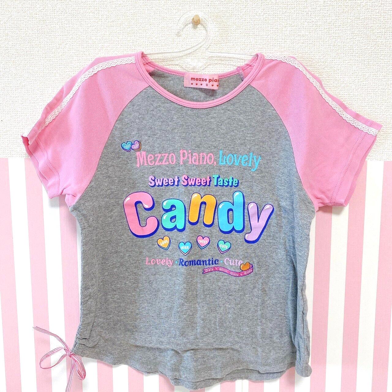 Mezzo Piano Short Sleeve T-shirt 130cm Gray Candy Girls Heart Ribbon Pink Kawaii