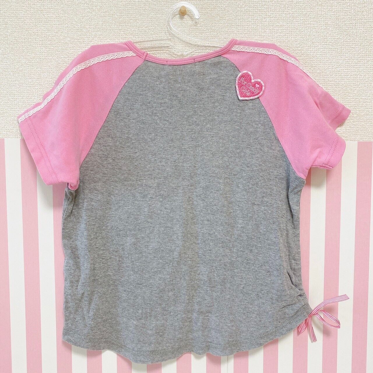 Mezzo Piano Short Sleeve T-shirt 130cm Gray Candy Girls Heart Ribbon Pink Kawaii