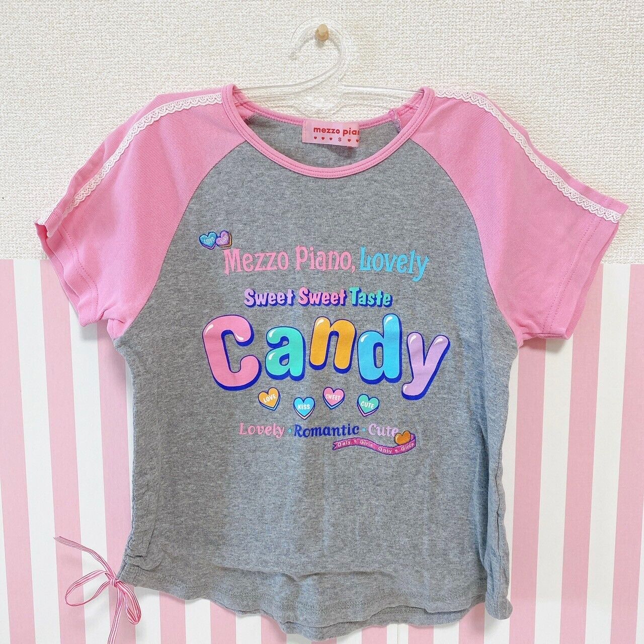 Mezzo Piano Short Sleeve T-shirt 130cm Gray Candy Girls Heart Ribbon Pink Kawaii