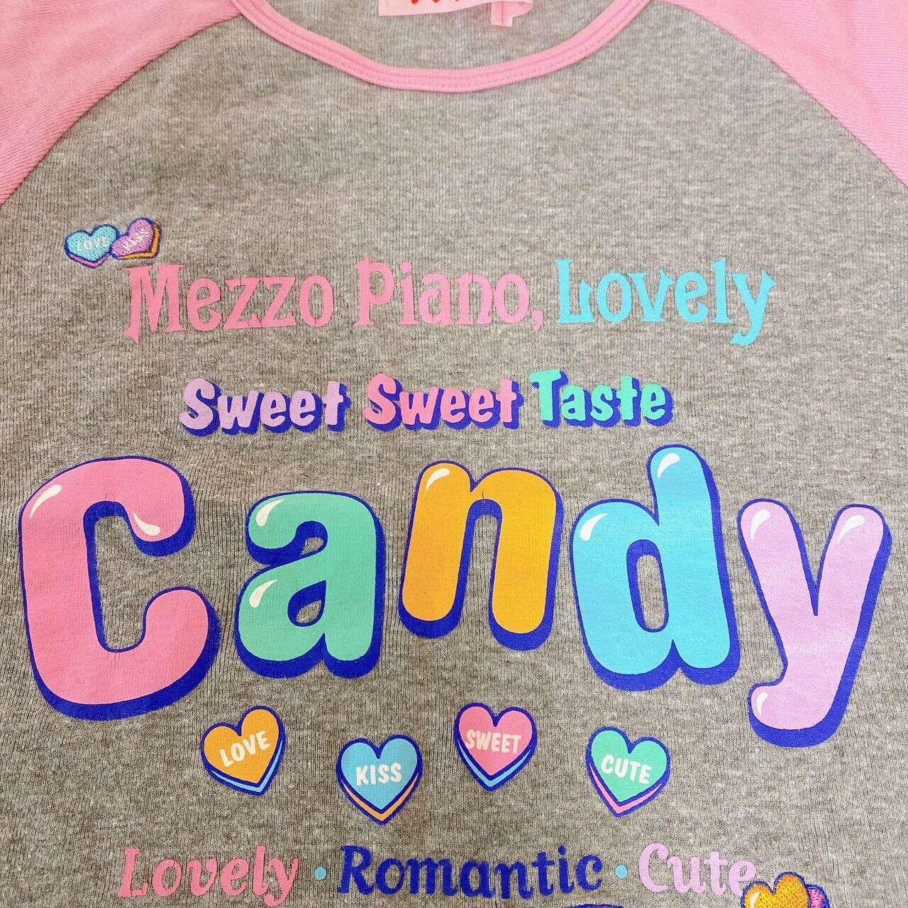 Mezzo Piano Short Sleeve T-shirt 130cm Gray Candy Girls Heart Ribbon Pink Kawaii