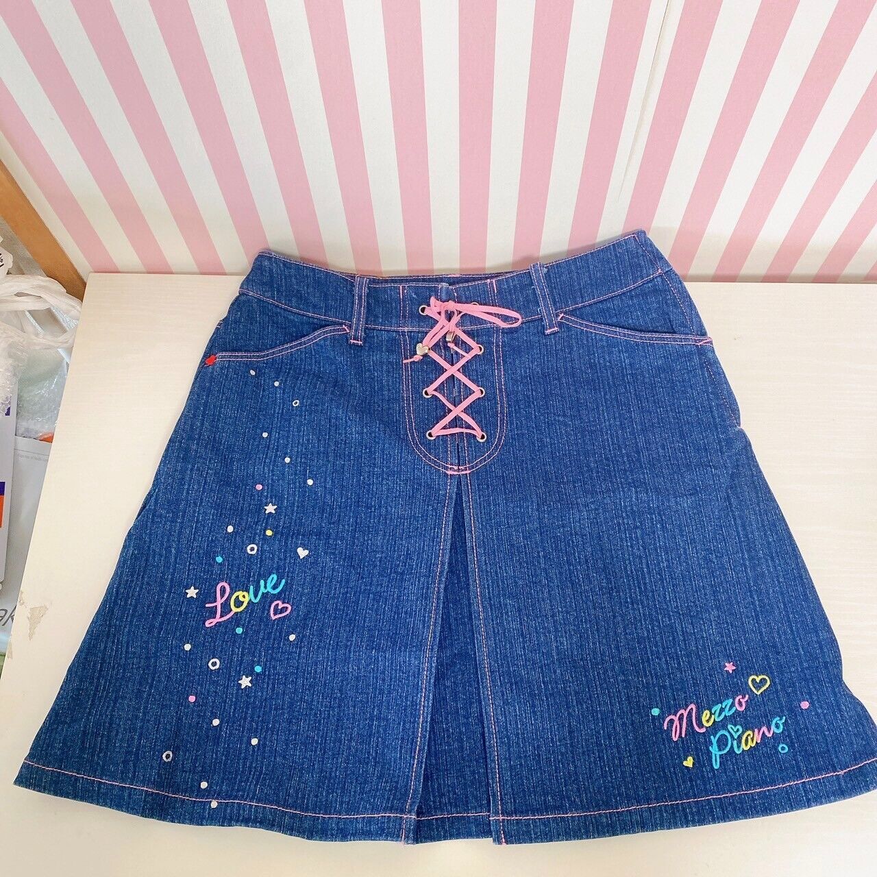 Mezzo Piano Skirt Denim 160 Size Braided Heart Retro Cute Girl Kids Kawaii Rare