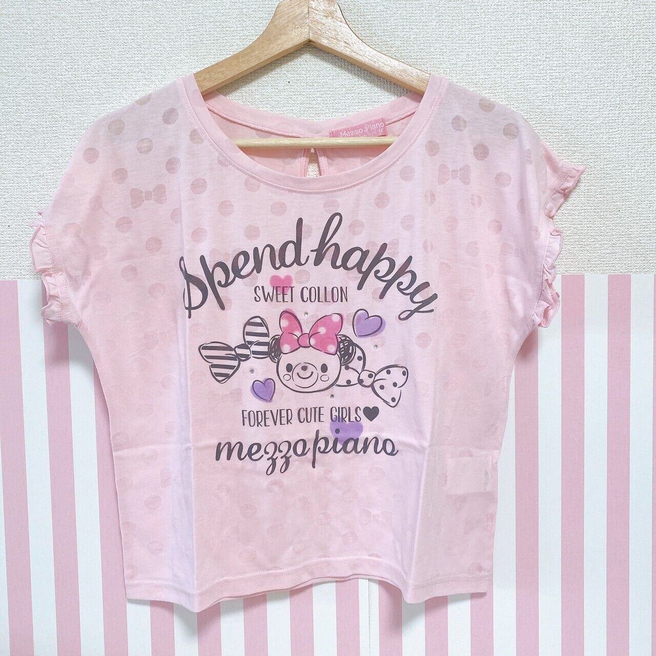 Mezzo Piano Kids T-shirt 150cm Pink Bear Heart Frill Ribbon Short Sleeve Kawaii