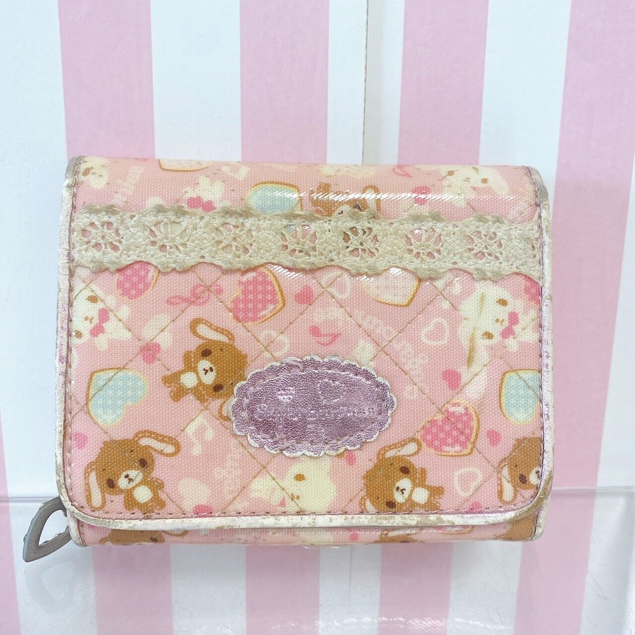 Sanrio Sugar Bunnies Folding Wallet Coin Purse Case Pink Shirousa Kurousa Frill