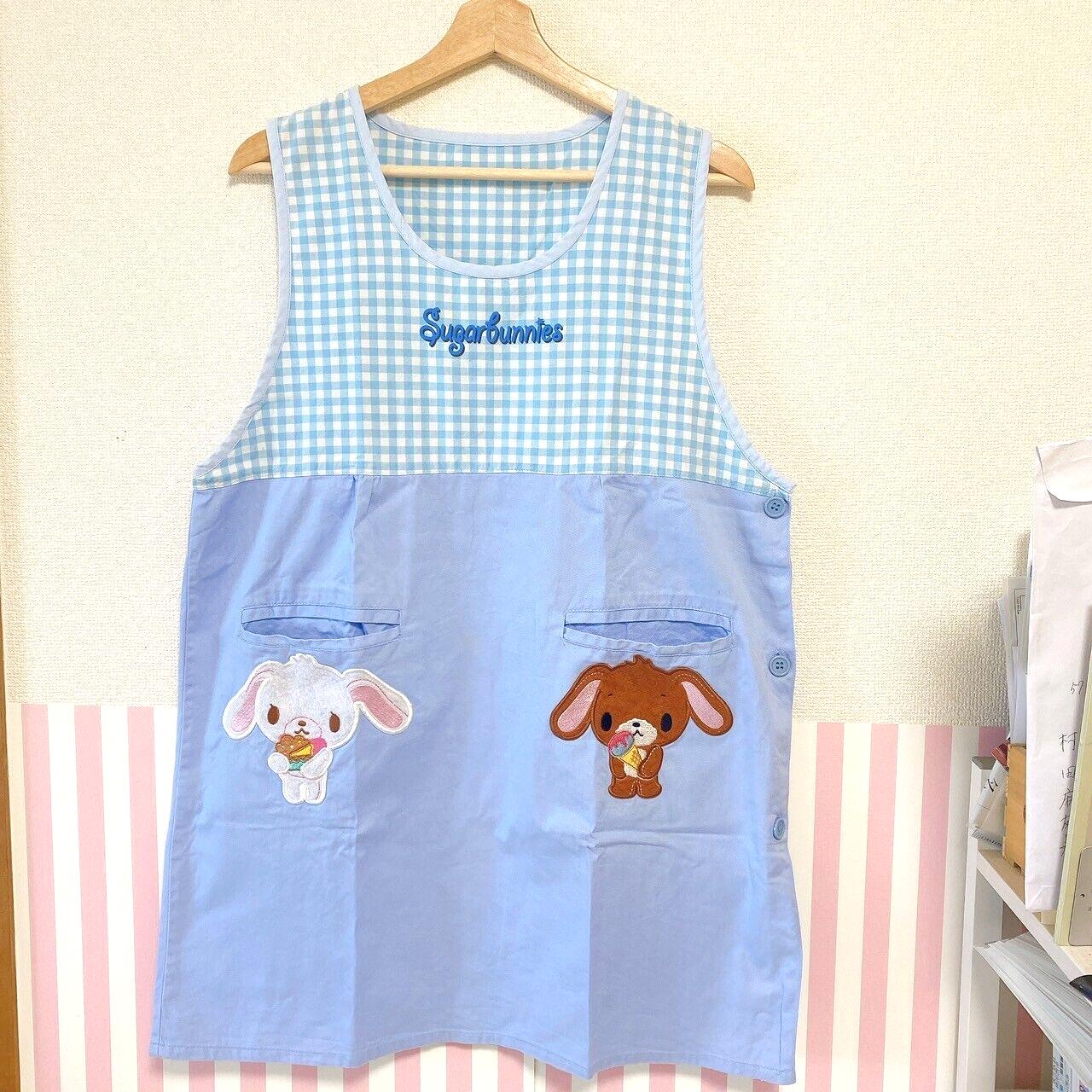 Sanrio Sugarbunnies Bunnies Apron For Adult Smock Candy Biscuit Blue Plaid Rare