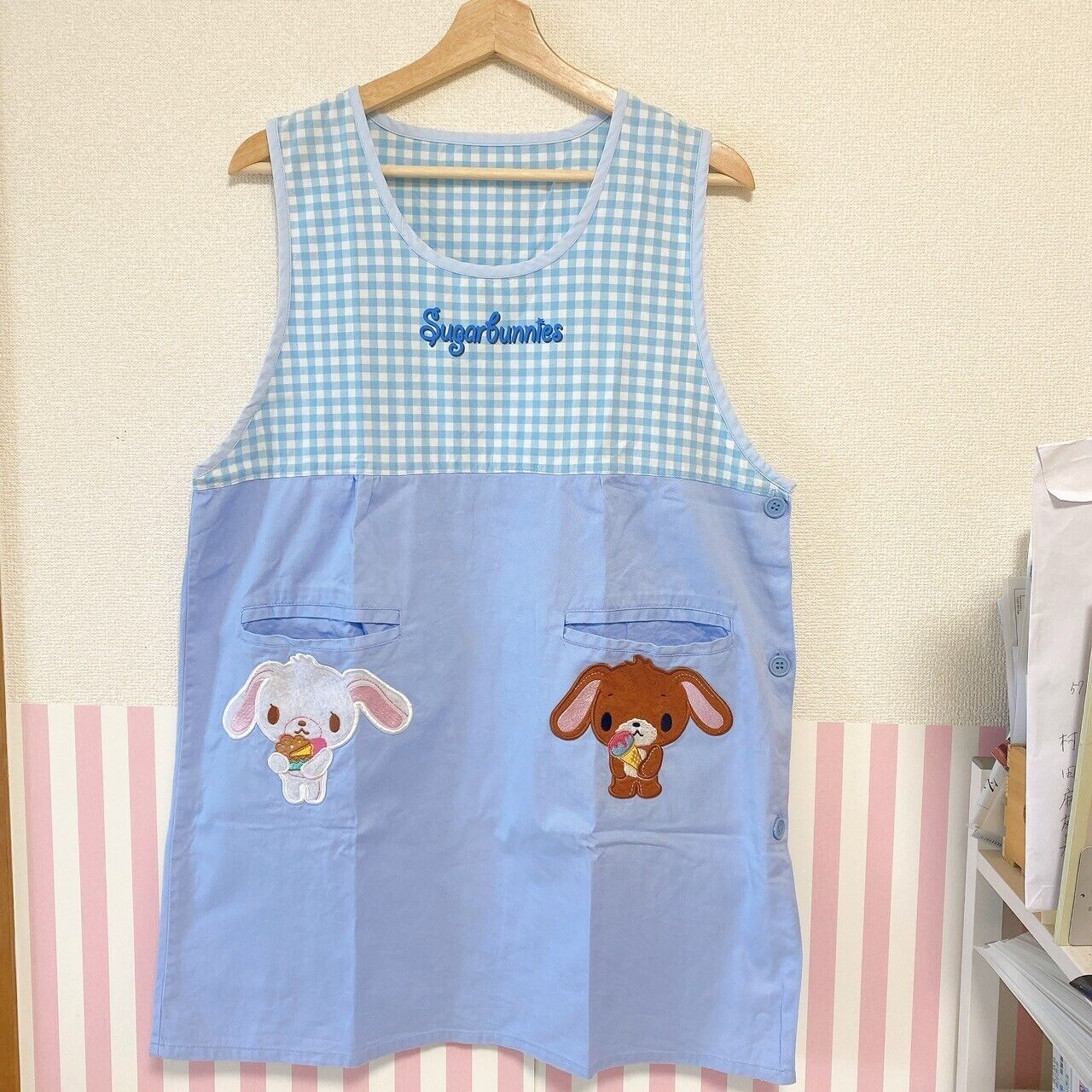 Sanrio Sugarbunnies Bunnies Apron For Adult Smock Candy Biscuit Blue Plaid Rare