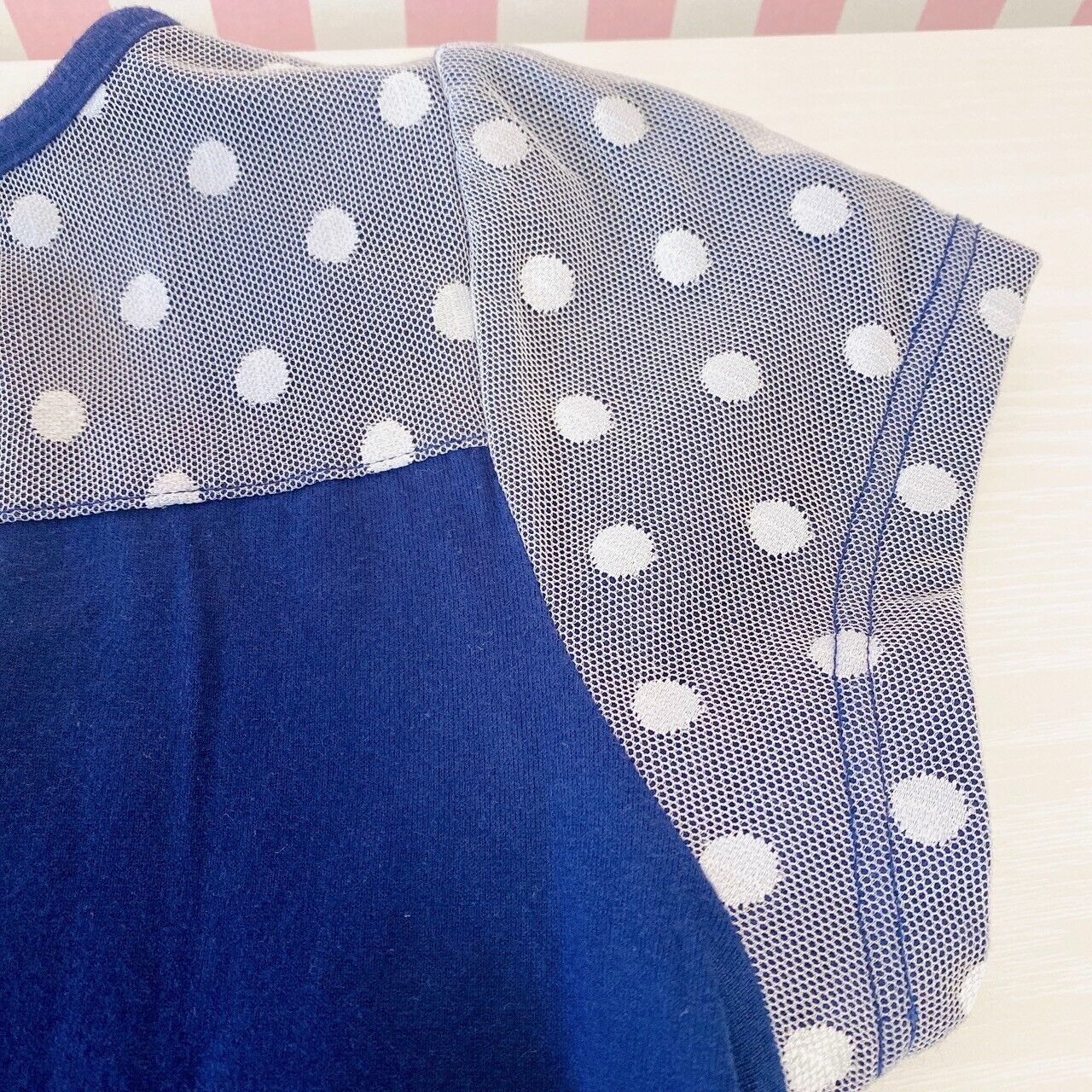 Mezzo Piano T-shirt Tops 150cm Navy Lace Ribbon Dot Pattern Short Sleeve Kawaii