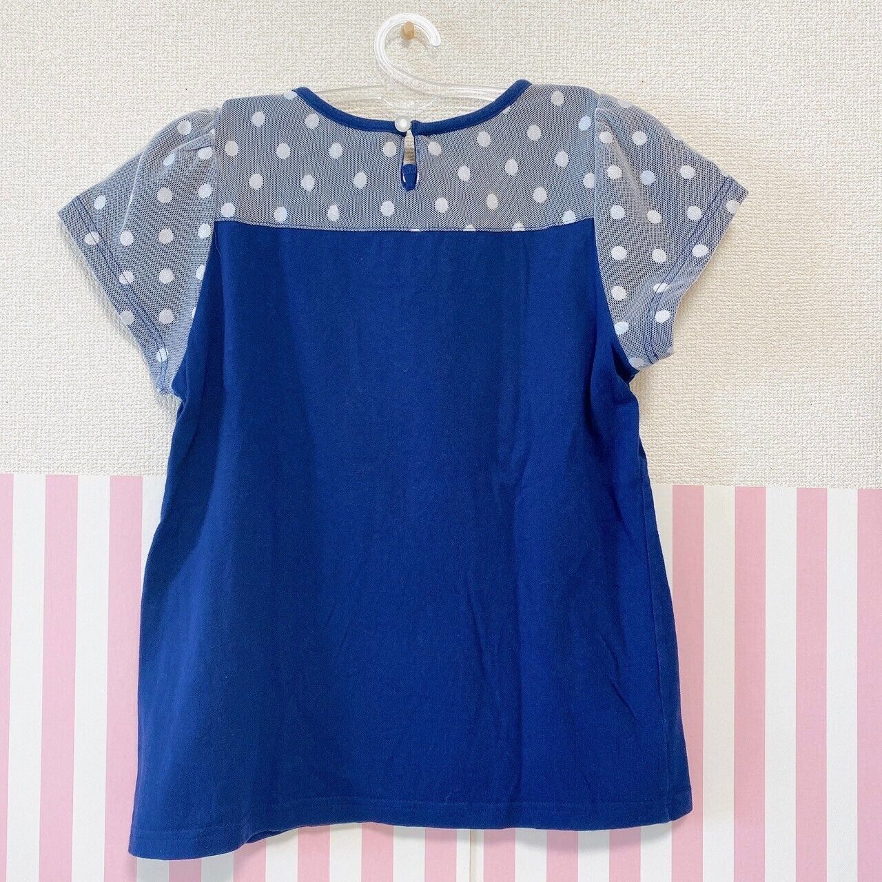 Mezzo Piano T-shirt Tops 150cm Navy Lace Ribbon Dot Pattern Short Sleeve Kawaii