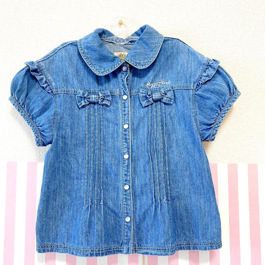 Mezzo Piano Denim Jacket 140 Frill Ribbon Puff Sleeves 100% Cotton Kawaii Rare