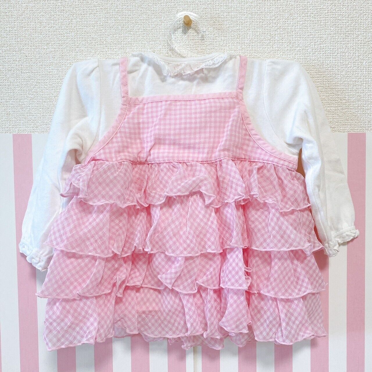 Mezzo Piano Dress 80 Size Strawberry Frill Ribbon Gingham check Long Sleeve Rare