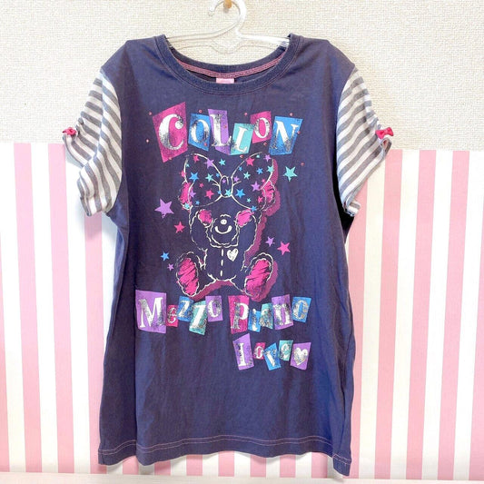 Mezzo Piano T-shirt Tops 160 Size Blue Ribbon Bear Short Sleeve Border Kawaii