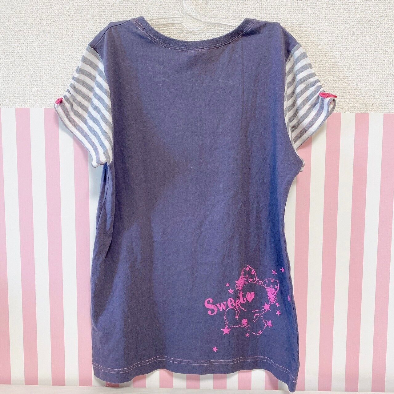 Mezzo Piano T-shirt Tops 160 Size Blue Ribbon Bear Short Sleeve Border Kawaii