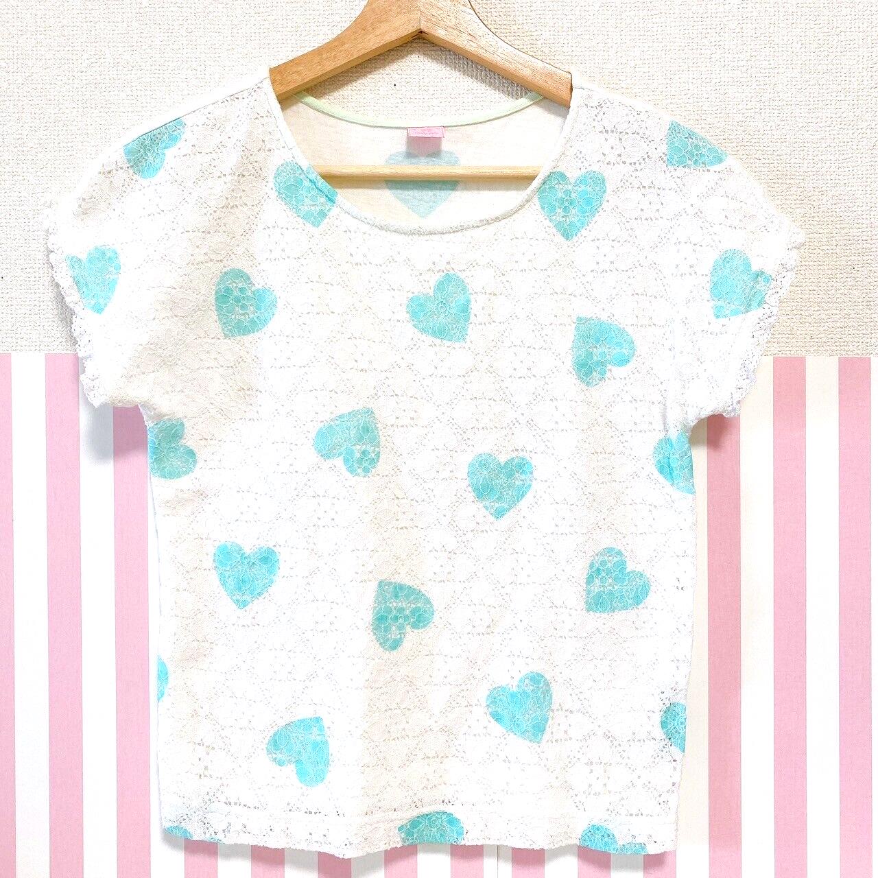 Mezzo Piano T-shirt Tops Light Blue Heart Lace White 140cm Short Sleeve Kawaii