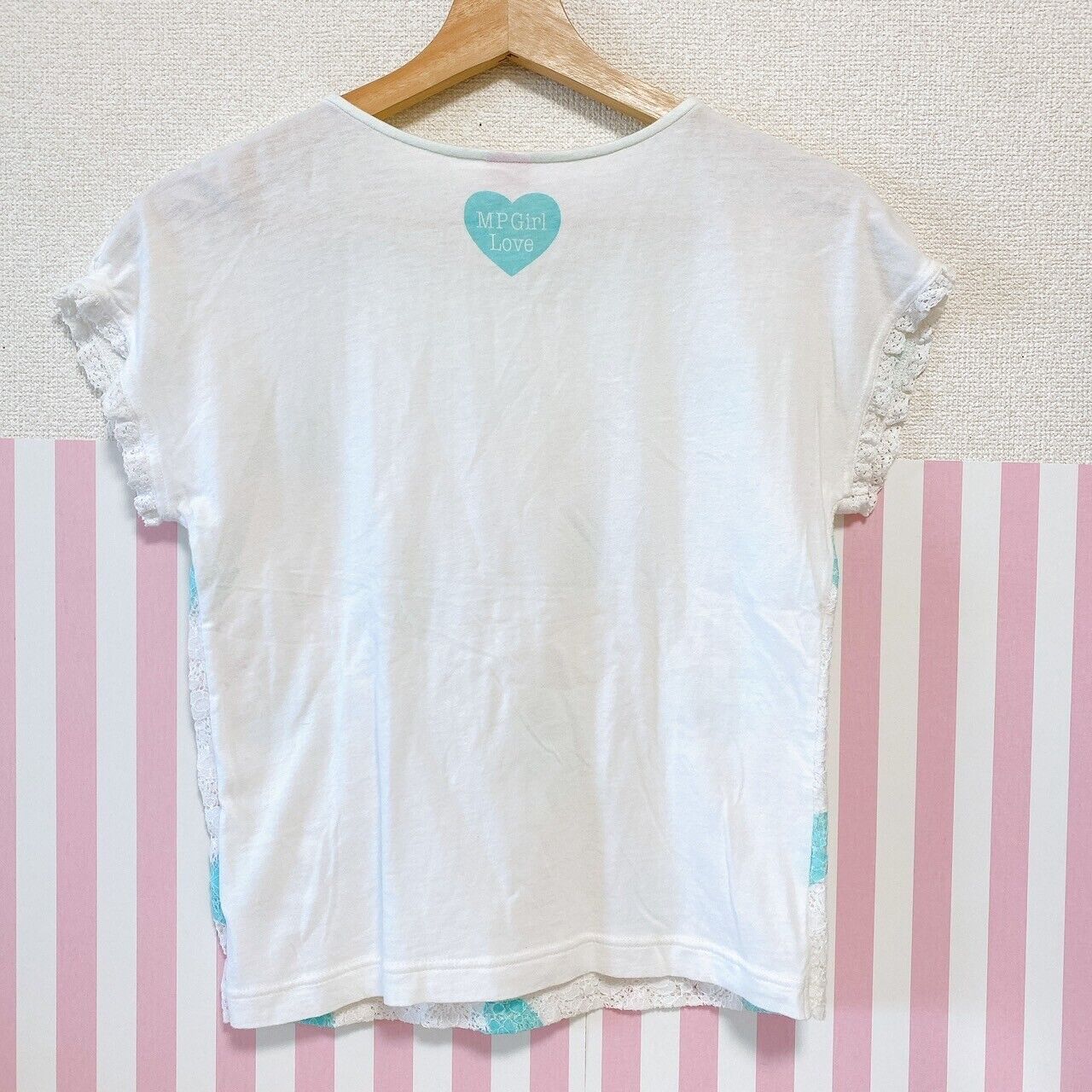 Mezzo Piano T-shirt Tops Light Blue Heart Lace White 140cm Short Sleeve Kawaii