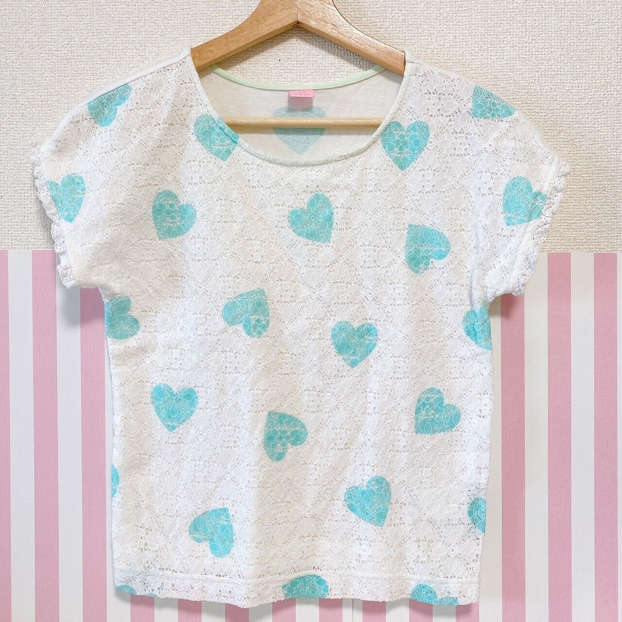 Mezzo Piano T-shirt Tops Light Blue Heart Lace White 140cm Short Sleeve Kawaii