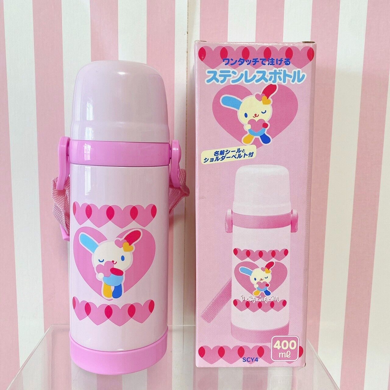 Sanrio Usahana Water Bottle Stainless 400ml Pink Heart Rabbit Kids Shoulder Belt