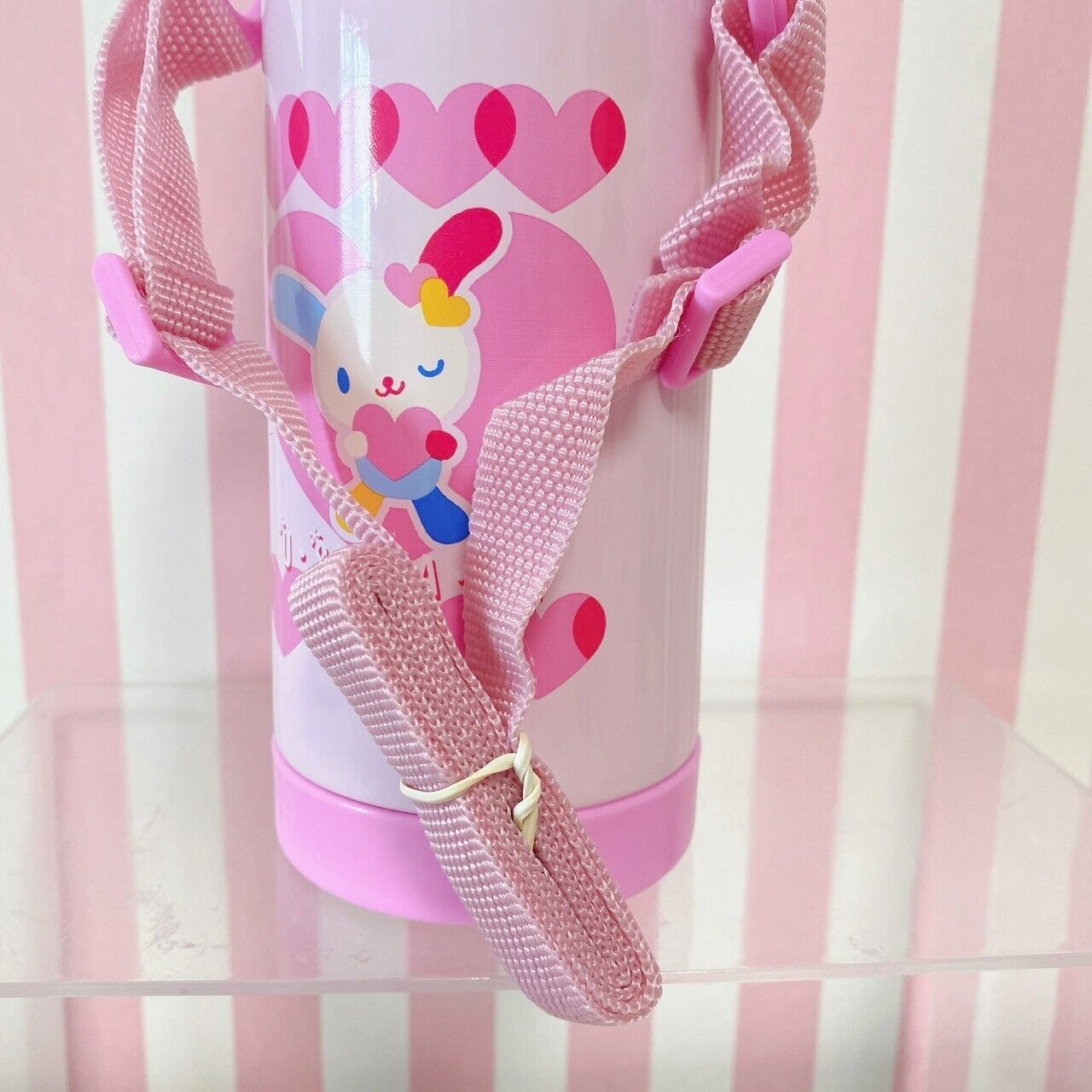 Sanrio Usahana Water Bottle Stainless 400ml Pink Heart Rabbit Kids Shoulder Belt