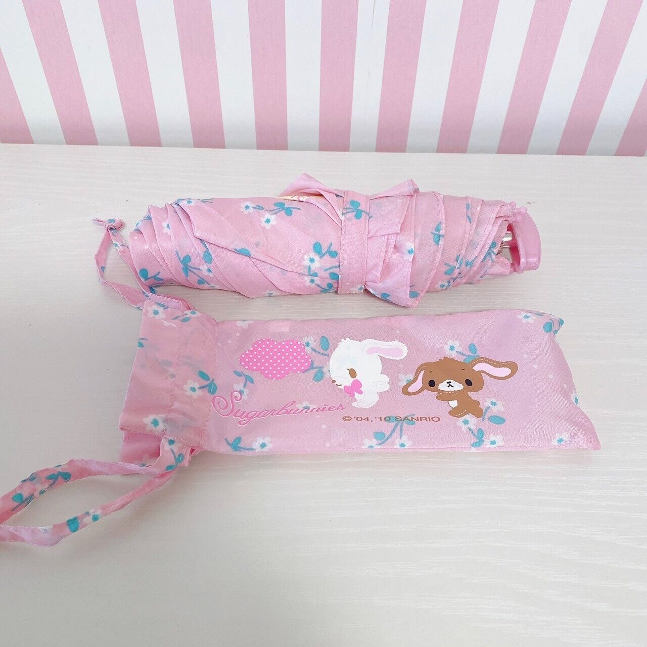 Sanrio Sugar Bunnies Folding Compact Umbrella Pink Swing Race Flower Cloud Rare