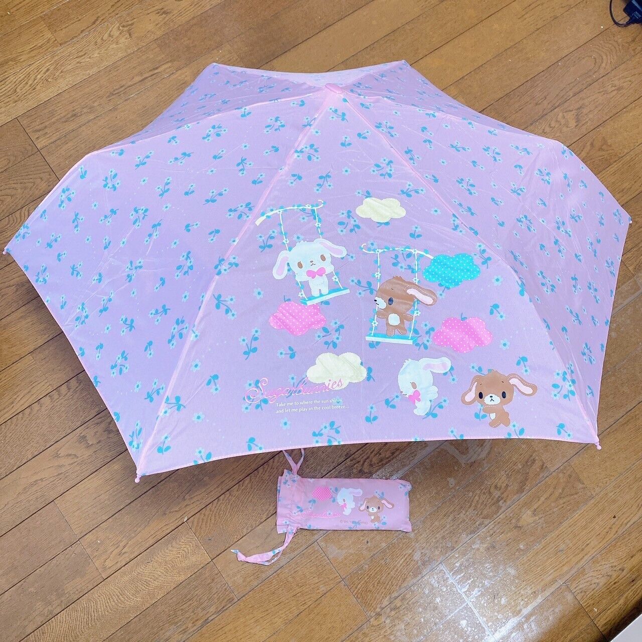 Sanrio Sugar Bunnies Folding Compact Umbrella Pink Swing Race Flower Cloud Rare