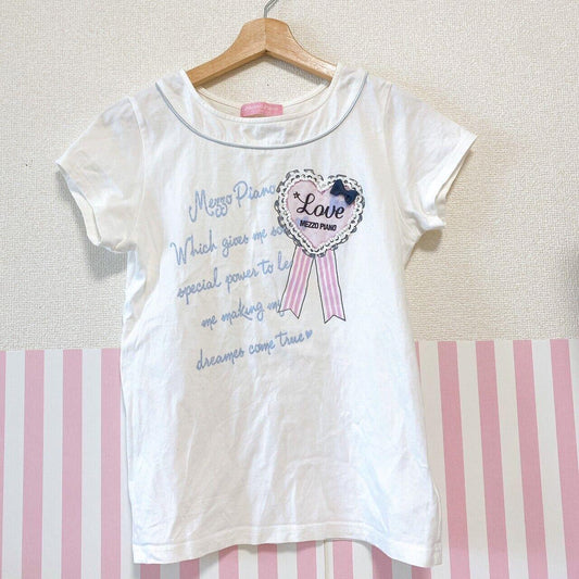 Mezzo Piano T-shirt Tops 160cm Heart Rosette White Frill Ribbon Simple Girl Rare