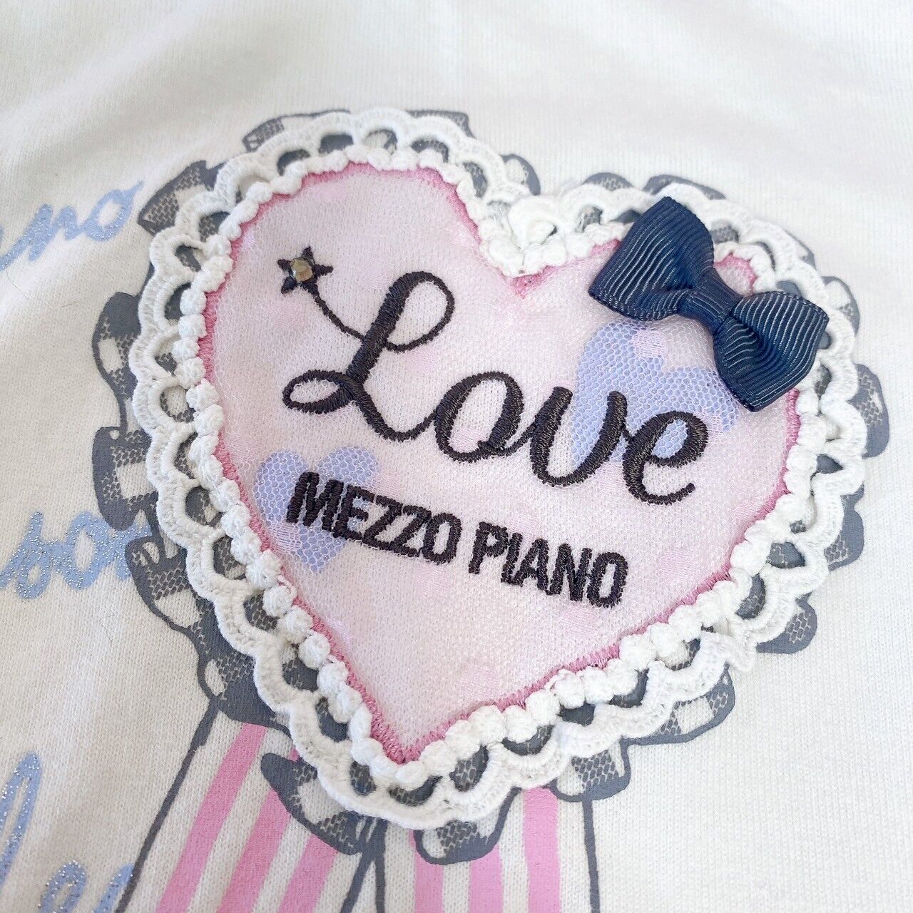 Mezzo Piano T-shirt Tops 160cm Heart Rosette White Frill Ribbon Simple Girl Rare