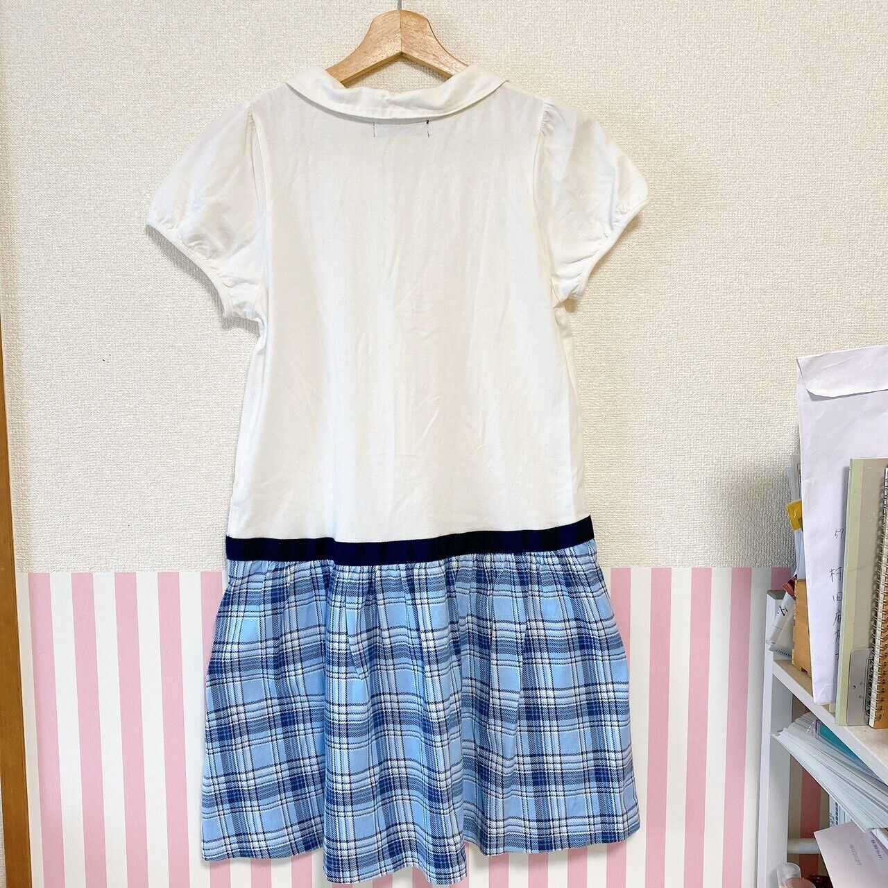 Pomponet White Blue Plaid 160 cm Dress Ribbon Tops Clothes Kawaii Character Rare