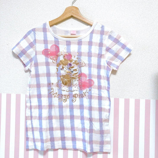 Mezzo Piano T-shirt Tops 160cm Plaid Cake Sweets Heart Clothing Short Sleeve