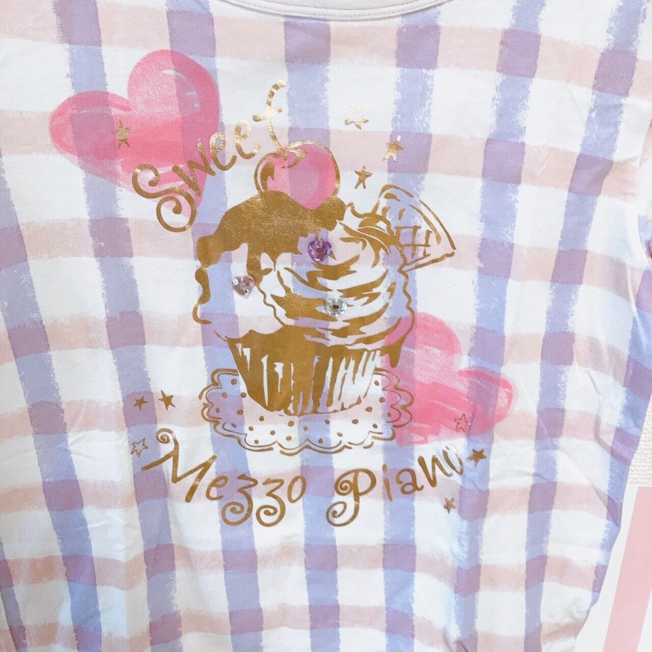 Mezzo Piano T-shirt Tops 160cm Plaid Cake Sweets Heart Clothing Short Sleeve