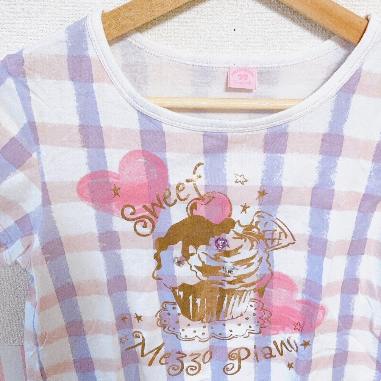 Mezzo Piano T-shirt Tops 160cm Plaid Cake Sweets Heart Clothing Short Sleeve