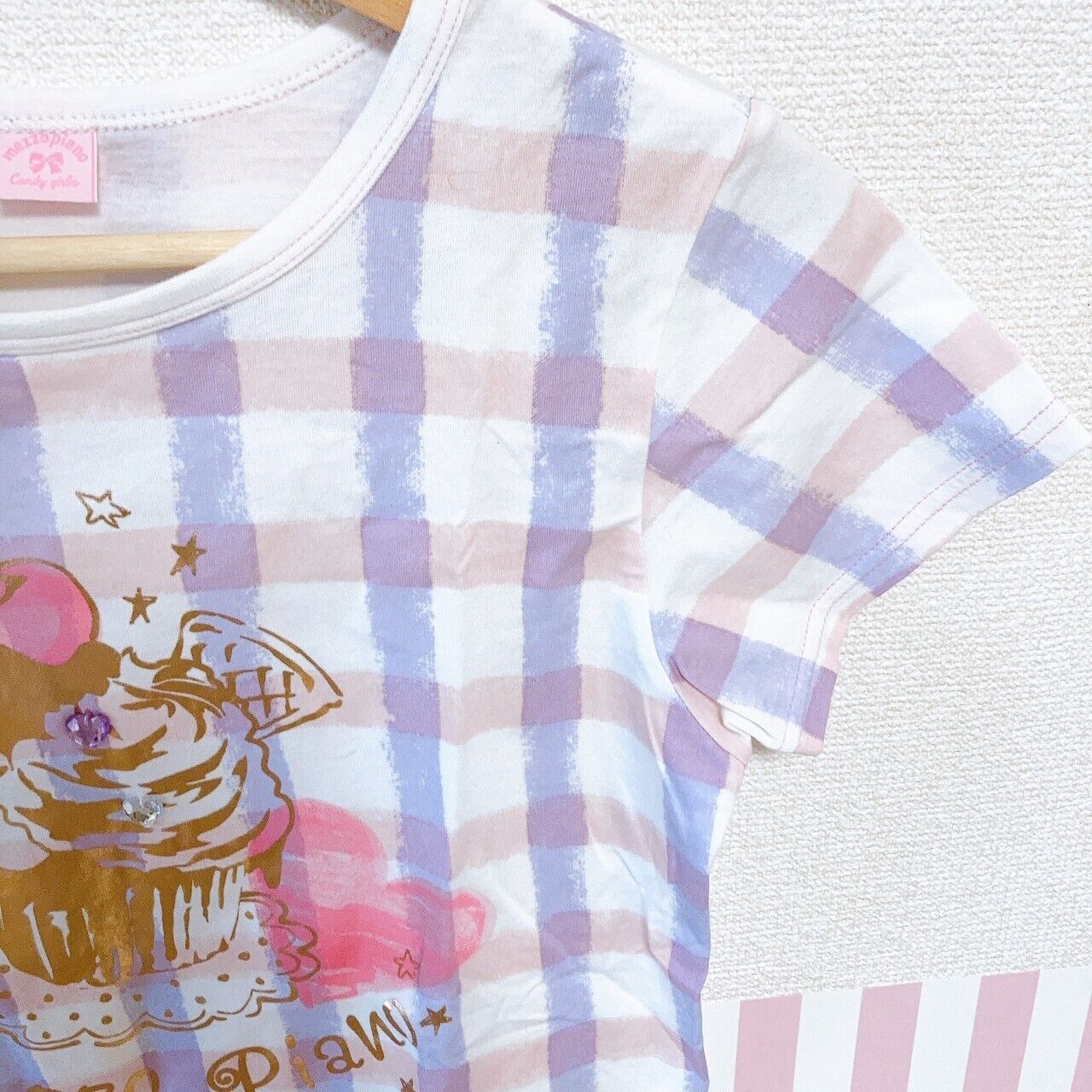 Mezzo Piano T-shirt Tops 160cm Plaid Cake Sweets Heart Clothing Short Sleeve