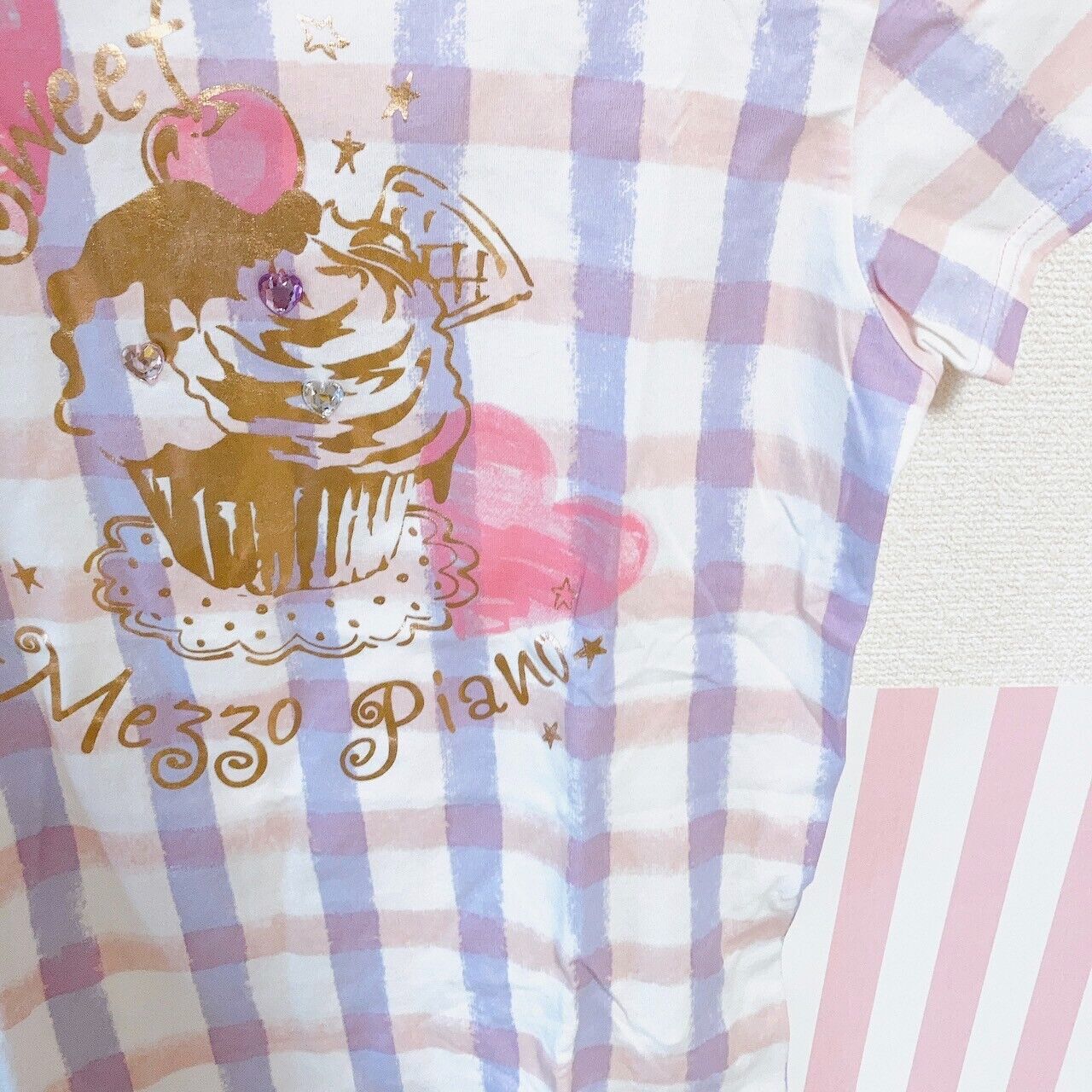 Mezzo Piano T-shirt Tops 160cm Plaid Cake Sweets Heart Clothing Short Sleeve