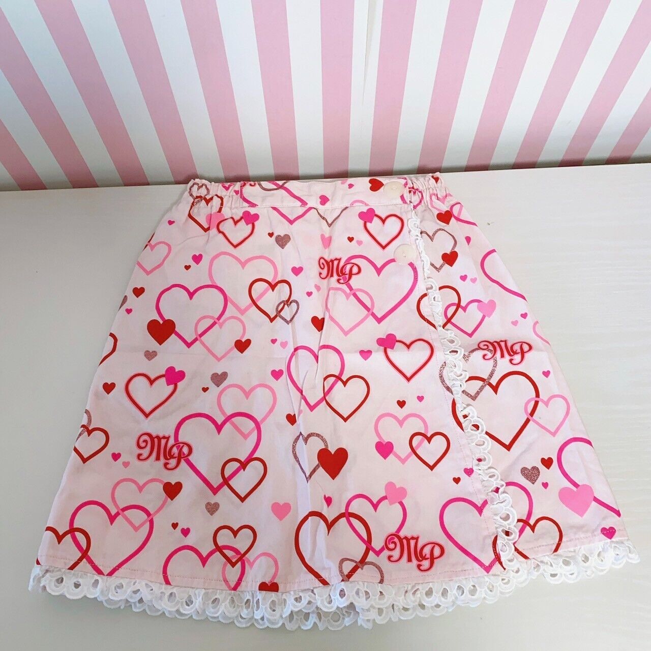 Mezzo Piano Kids Skirt 120cm Heart Frill Lace Pink White MP Button Clothing Rare