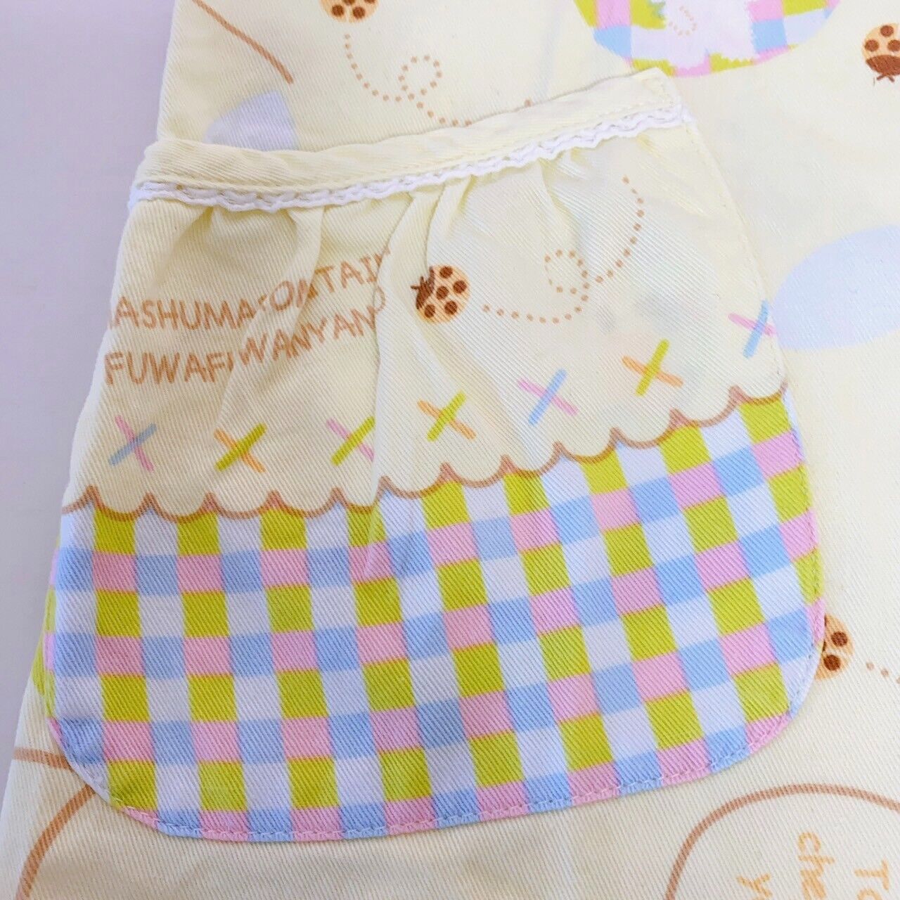 Sanrio Masyumaro Fluffy Fuwa Nyanko Marshmallow Kids Apron Cherry Yellow Plaid