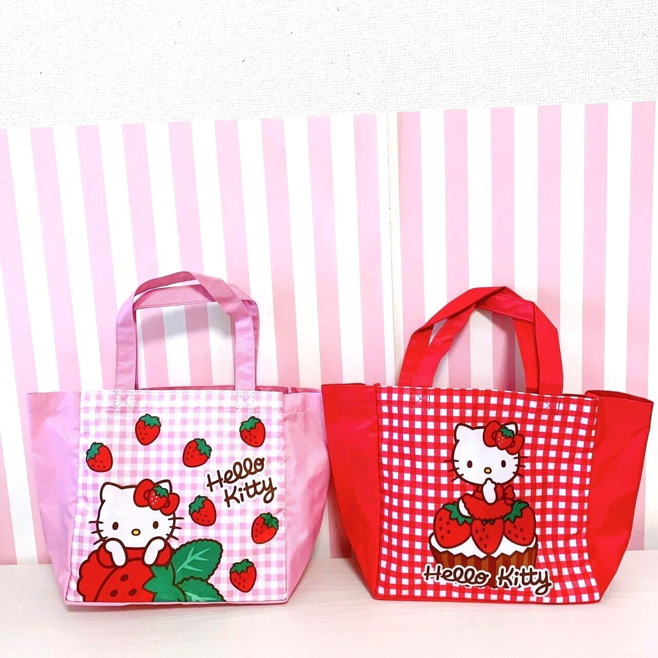 Sanrio Hello Kitty Tote Bag Set 2 Red Pink Strawberry Cake Sweets Plaid Kawaii